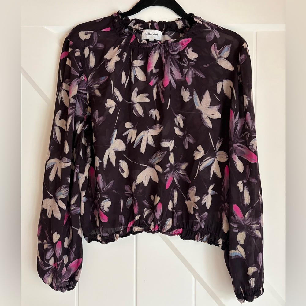 Bella Dahl Black Floral Sheer Peasant Blouse S Elastic Hem